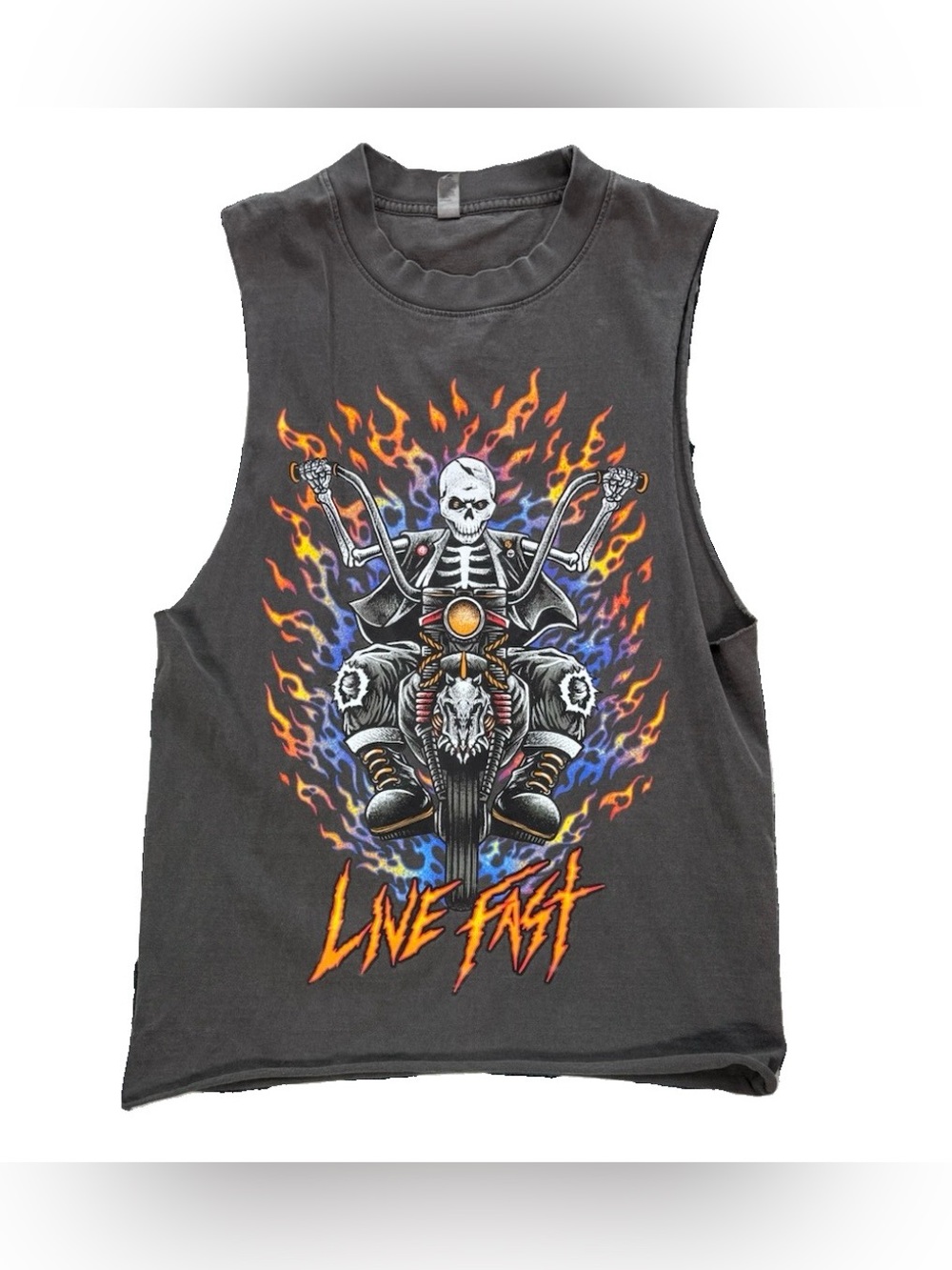 Live Fast Don't Look Back Skeleton Biker Sleeveless T Shirt Men's Small Gray AOP